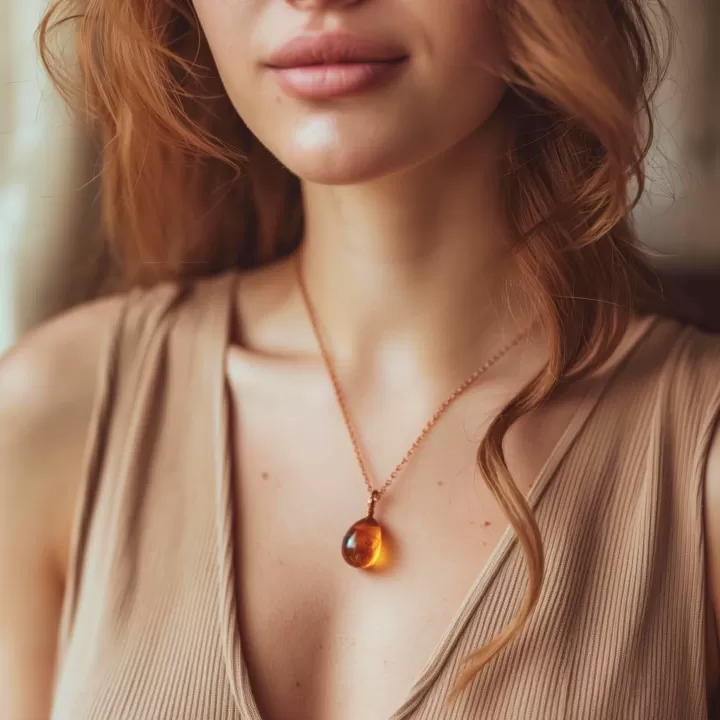 Close up person wearing Amber Gemstones