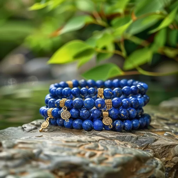 A set of blue lapis lazuli beaded bracelets with small brass charm