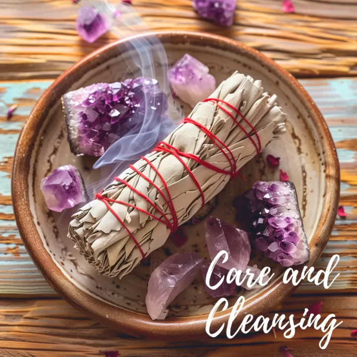 White sage wrapped in white paper and tied with red string, sitting on an antique plate surrounded by amethyst