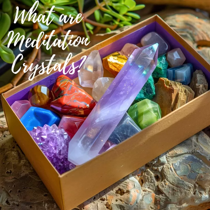 A box of different colored chakra crystals for meditation and gemstones