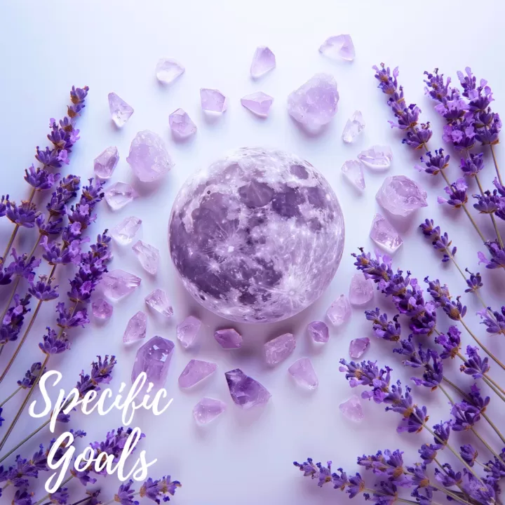 Moon and lavender amethyst crystals on white background