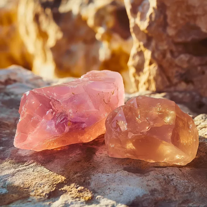 Rose Quartz and Morganite outside near each other